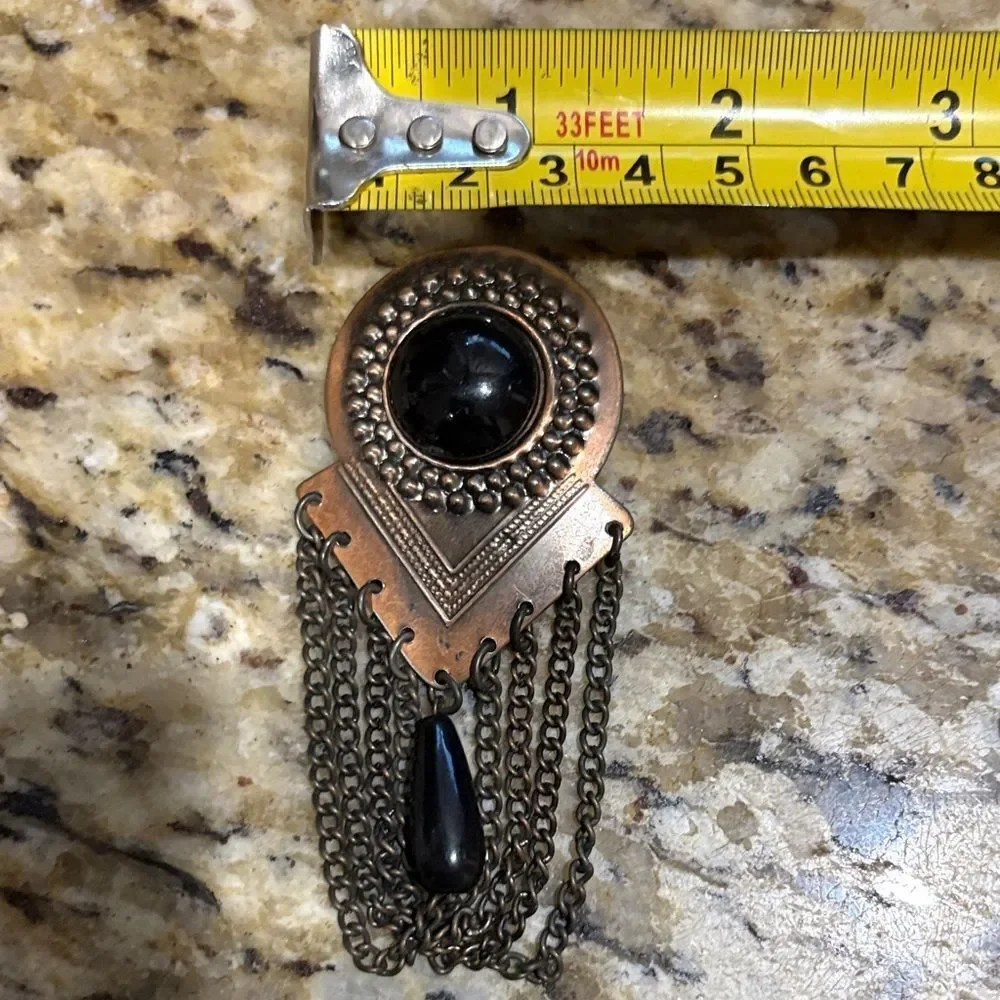 Artistic Black and Bronze Brooch with Chains